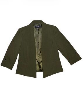 Black Label by Evan Picone Olive Green Open-Front Three Quarter Sleeve Blazer
